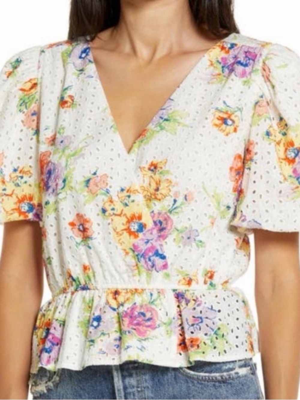 Wayf White Eyelet Floral V‑Neck Peplum Blouse
